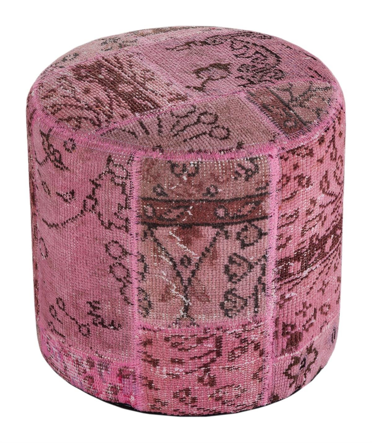 PEMBE RENGİ EL DOKUMA PATCHWORK YUVARLAK PUF