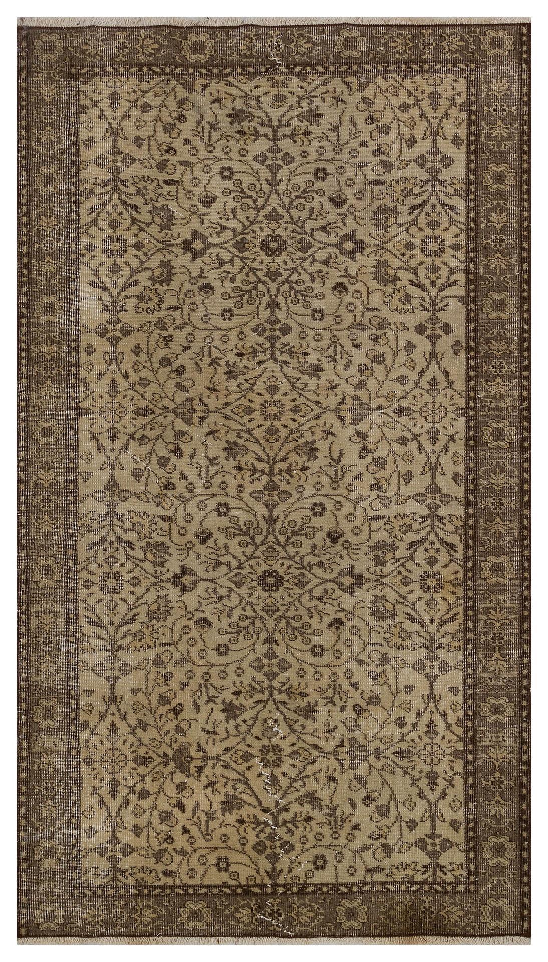 BEJ KAHVERENGİ ÇİÇEKLİ DESEN EL DOKUMA VİNTAGE HALI