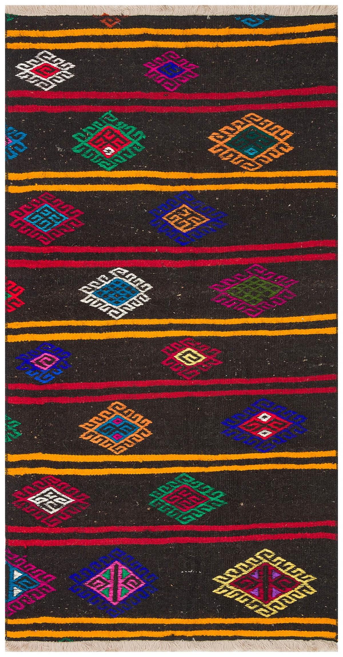 Siyah Çok Renkli El Dokuma Keçi Kılı Yün Kilim