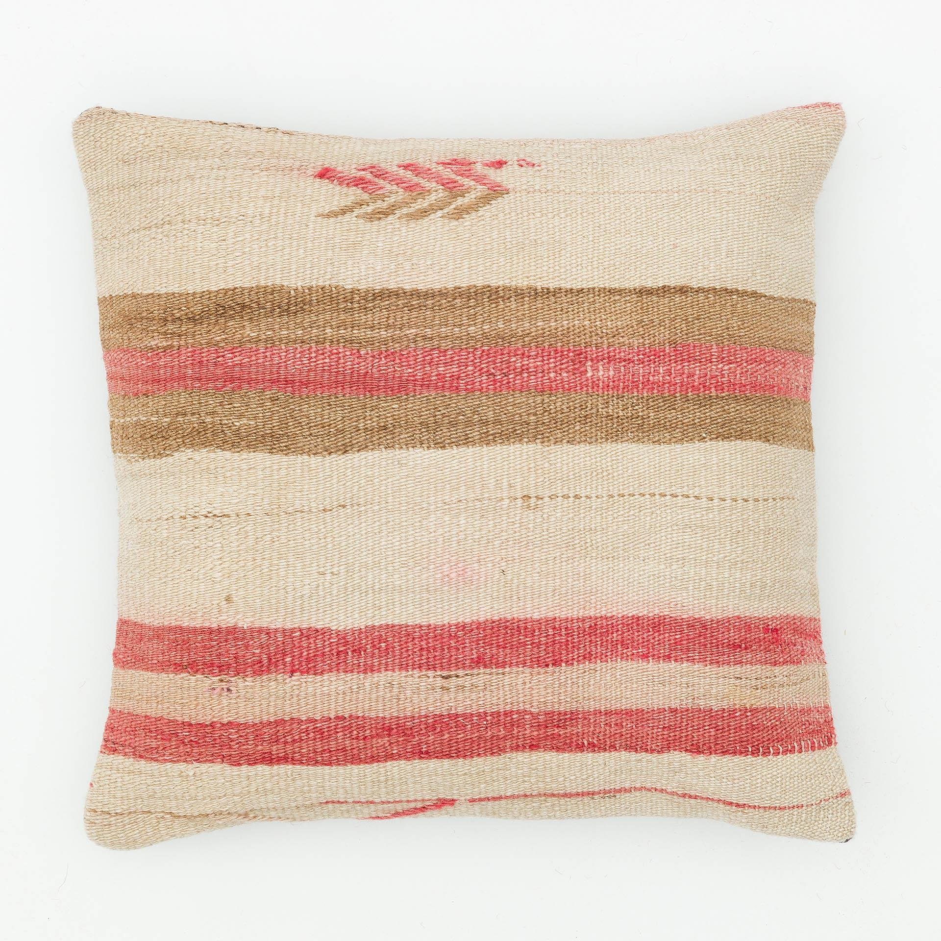 EŞSİZ EL DOKUMA KREM NAR ÇİÇEĞİ RENGİ ÇİZGİLİ DESEN YASTIK KILIFI