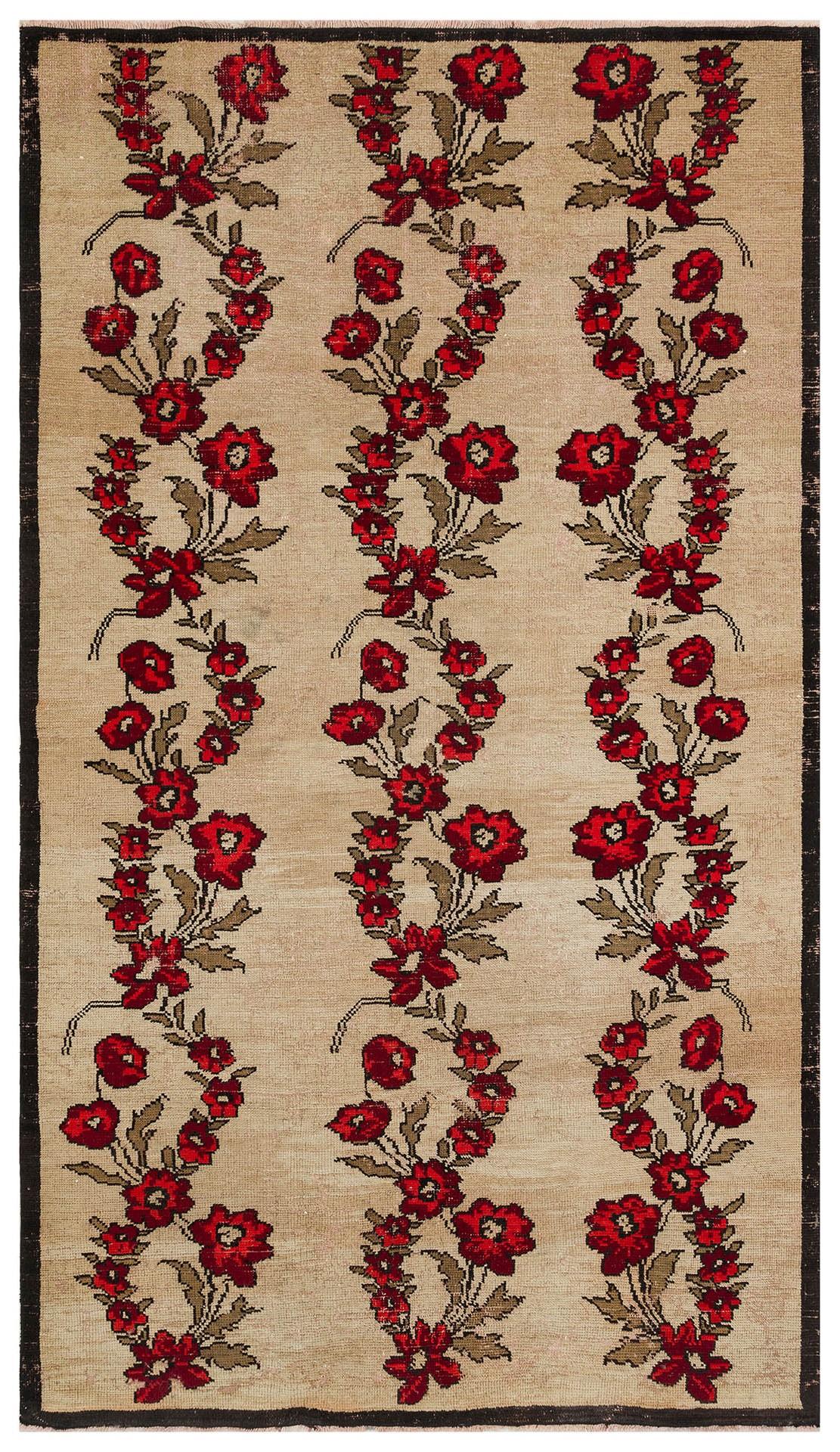 EŞSİZ EL DOKUMA AÇİK KAHVE KIRMIZI RENGİ ÇİÇEKLİ DESEN VİNTAGE HALI