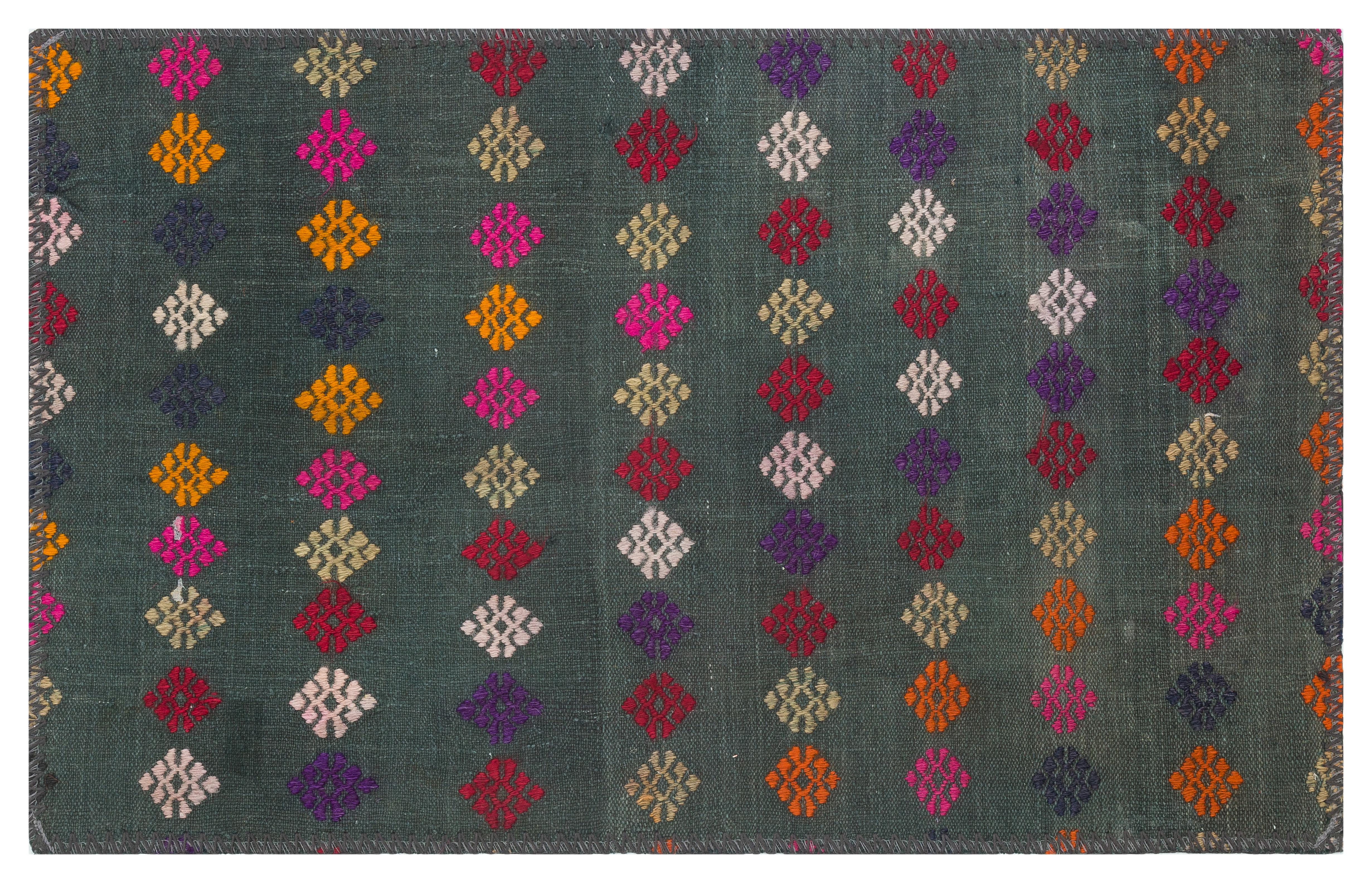 GERÇEK EL DOKUMA ÇİÇEKLİ DESEN YEŞİL KİLİM PASPAS