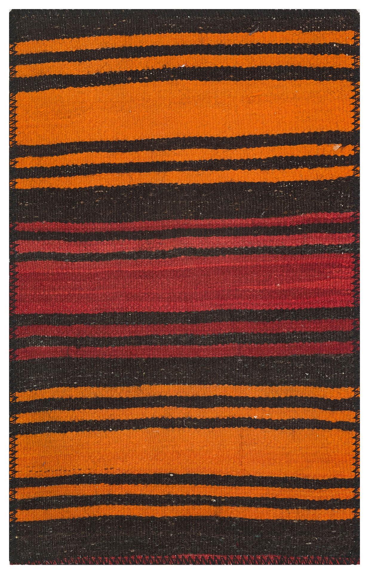 TURUNCU KIRMIZI RENGİ EL DOKUMA SİYAH KEÇİ KILI KİLİM YÜNLÜ PASPAS