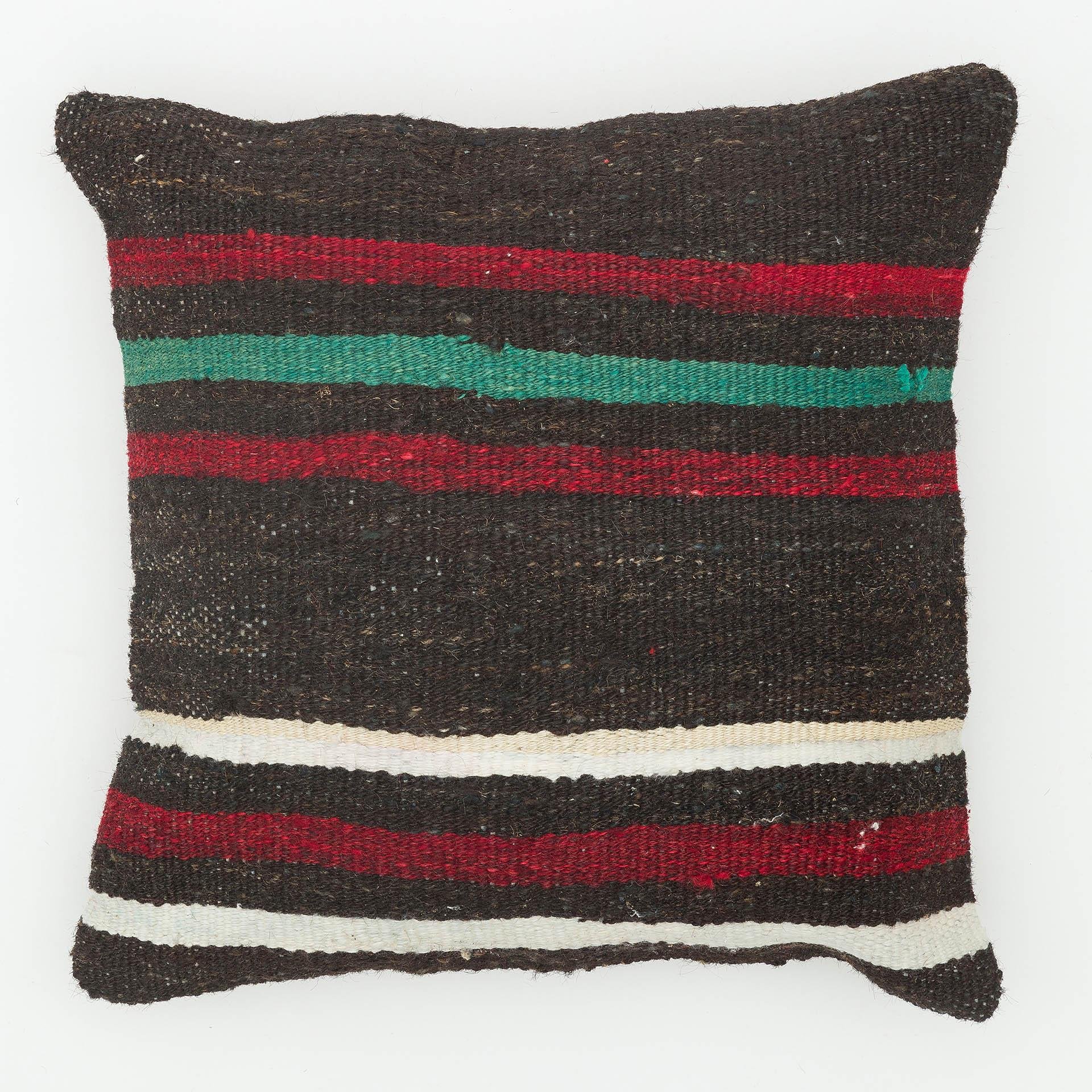 KIRMIZI YEŞİL ÇİZGİLİ SİYAH RENK EL DOKUMA YASTIK KILIFI
