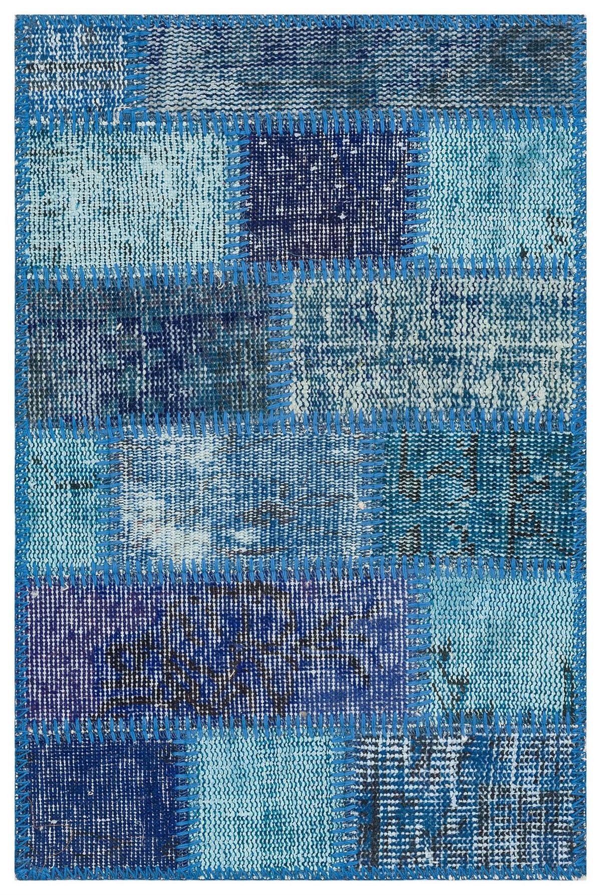 Gerçek El Dokuma Mavi Rengi Taşli Desen Patchwork Paspas-50x80