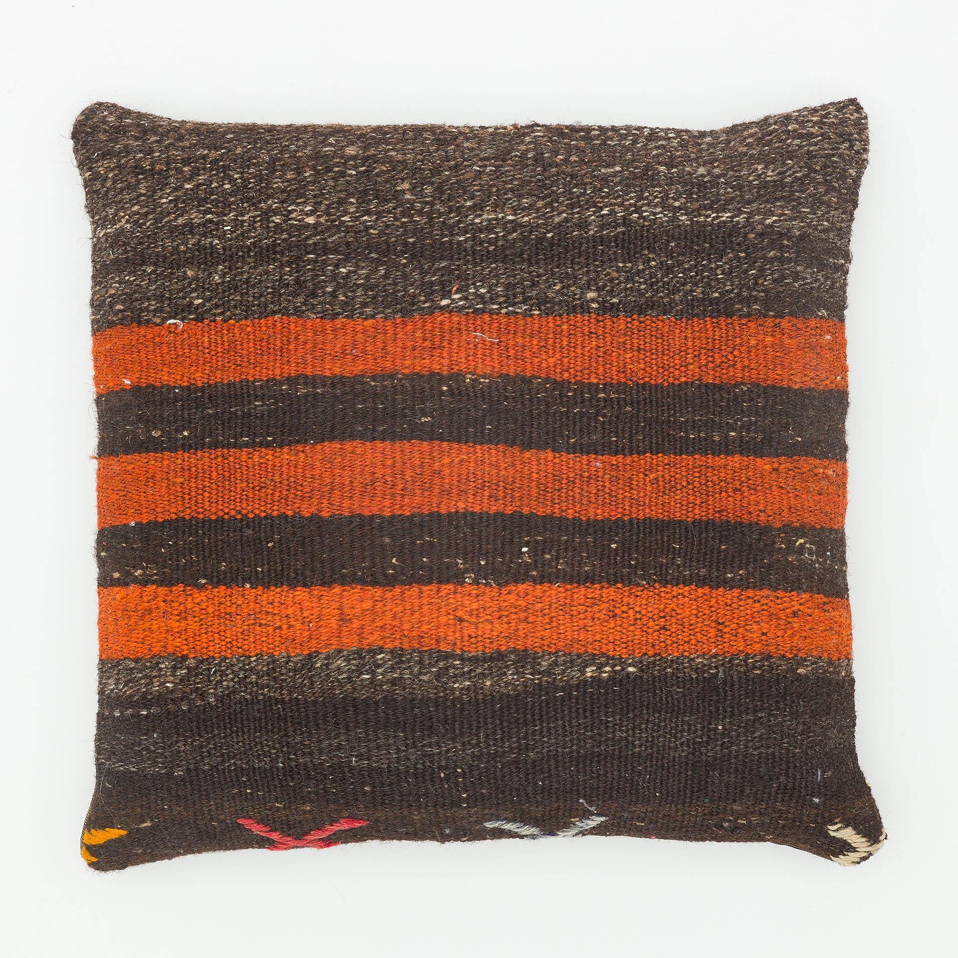 SİYAH TURUNCU RENGİ ÇİZGİLİ DESEN EL DOKUMA KEÇİ KILI YASTIK KILIFI