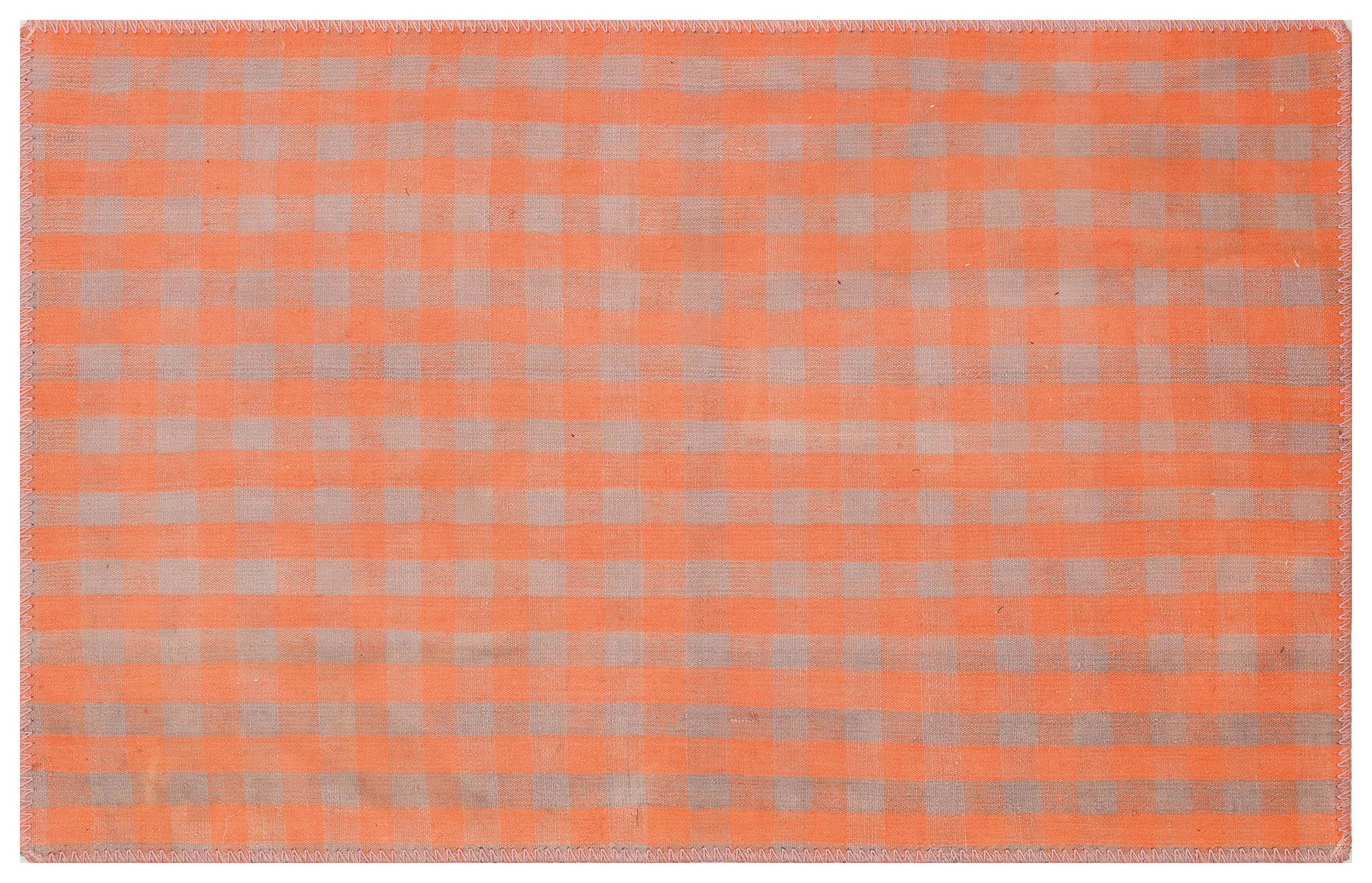 AÇİK GRI TURUNCU RENGİ KARE DESEN EL DOKUMA KİLİM PASPAS