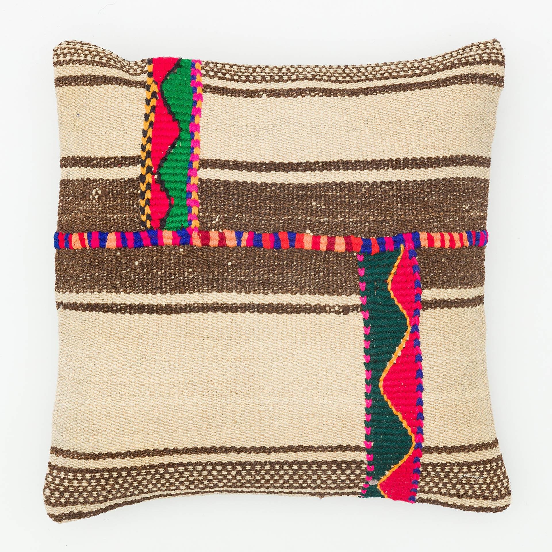 KREM KAHVERENGİ DESENLI EL DOKUMA KENDİR KİLİM YASTIK KILIFI