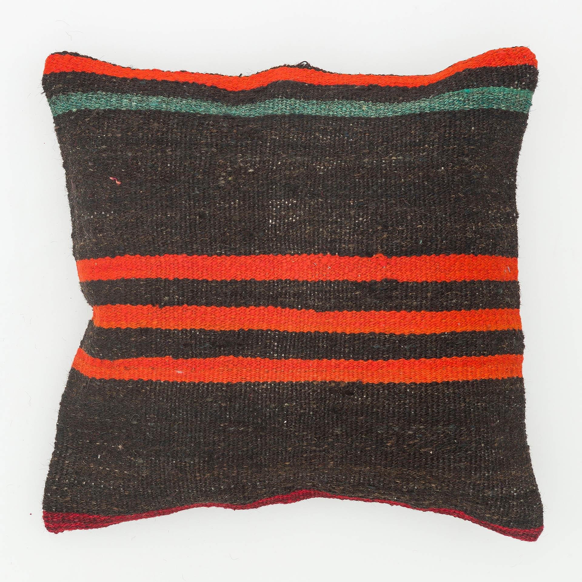 EL DÜĞÜMLÜ TURUNCU ÇİZGİLİ SİYAH KEÇİ KILI YASTIK KILIFI