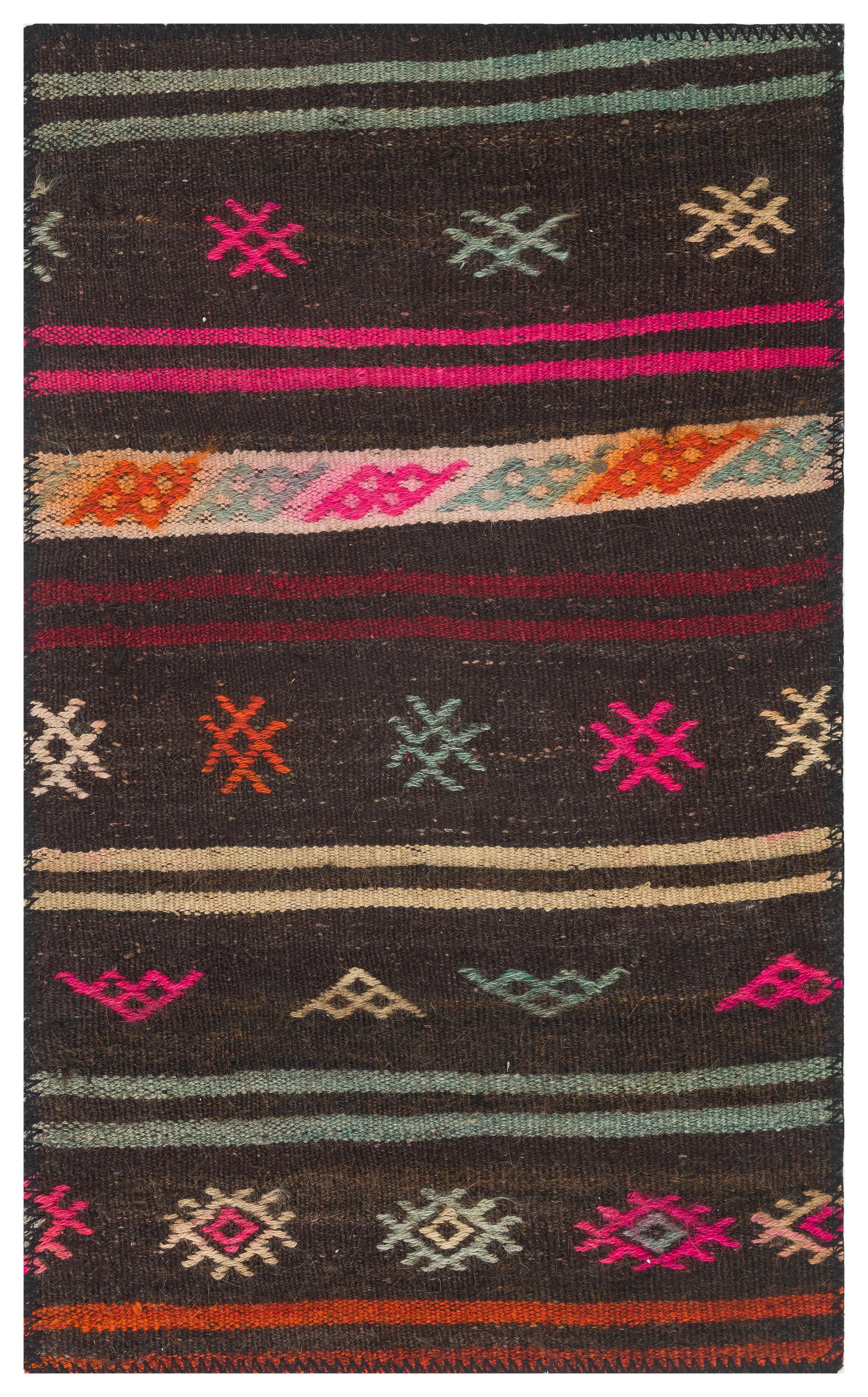 GERÇEK EL DOKUMA RENKLİ ÇİZGİLİ SİYAH KİLİM PASPAS