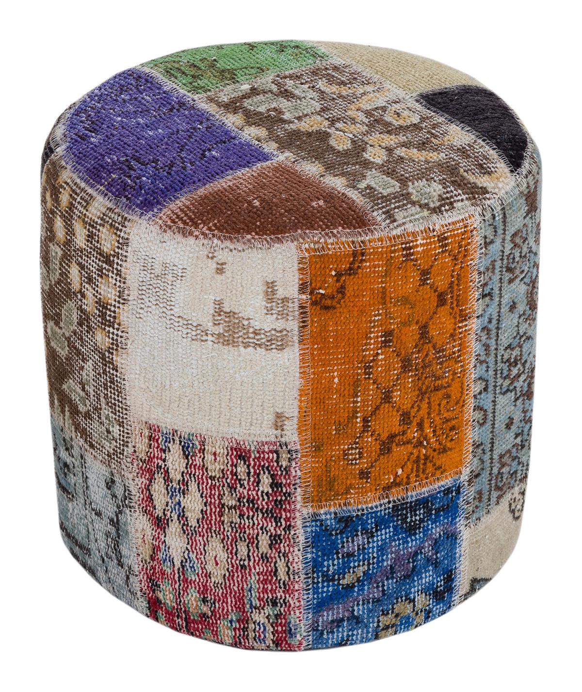 RENKLİ EL DOKUMA PATCHWORK YUVARLAK PUF