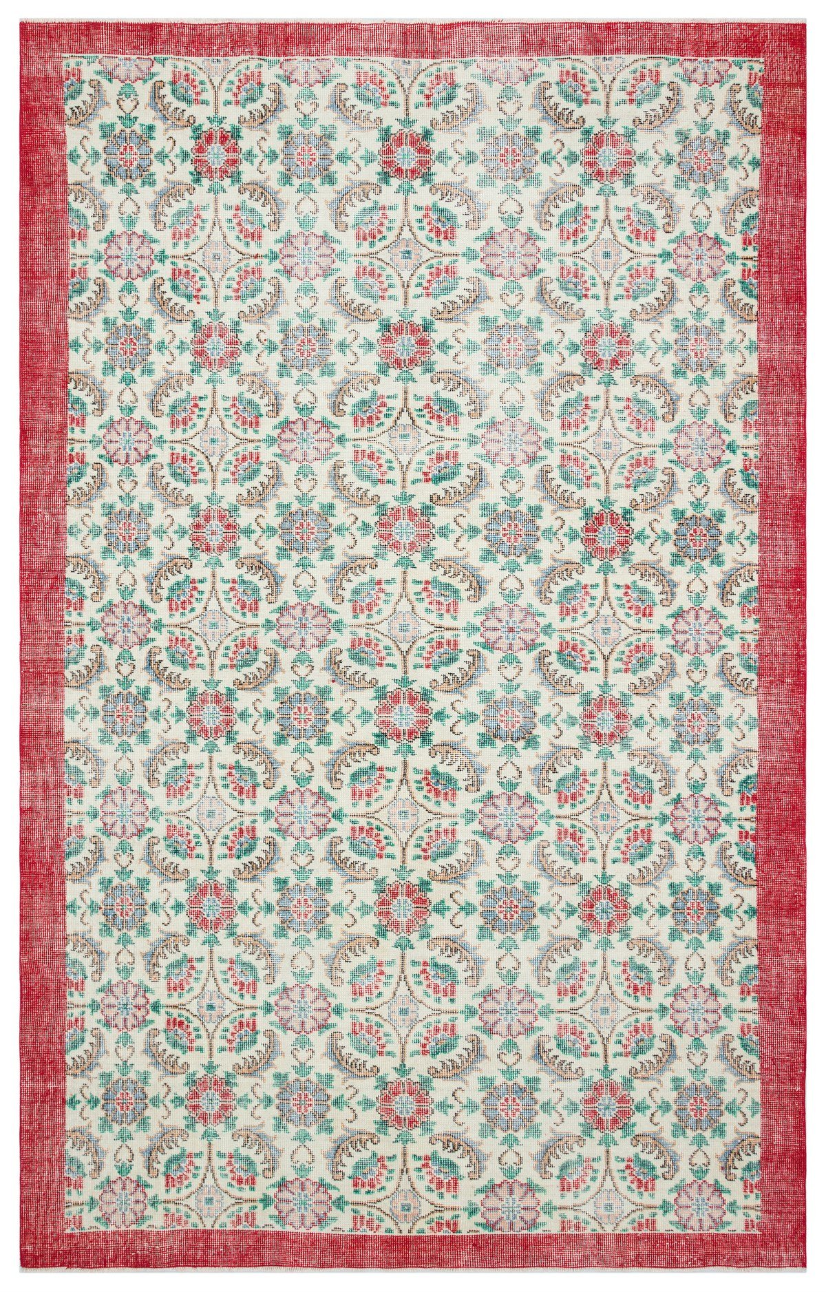 Krem Rengi Kırmızı Çiçekli El Dokuma Vintage Halı