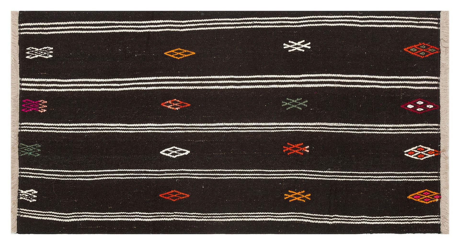 SİYAH BEYAZ RENGİ ÇİZGİLİ DESEN KEÇİ YÜN KİLİM