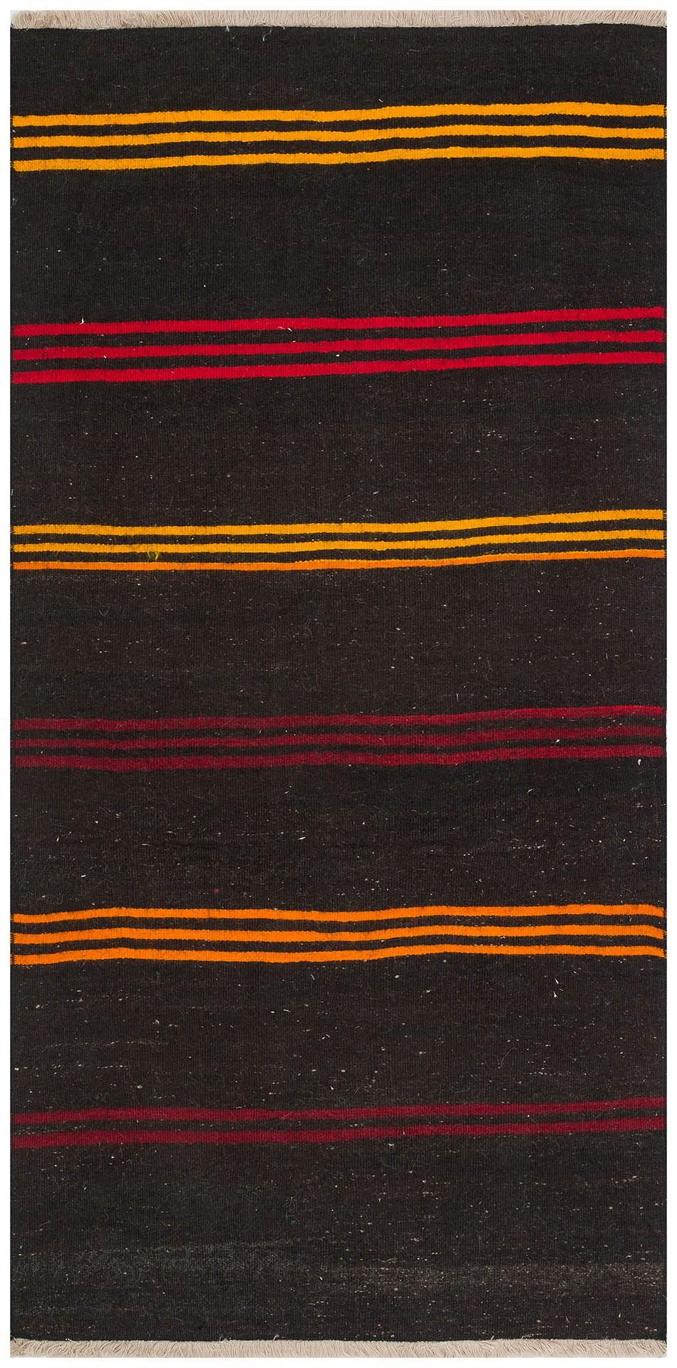 SİYAH ÇOK RENKL, ÇİZGİLİ DESEN EL DOKUMA KEÇİ YÜN KİLİM