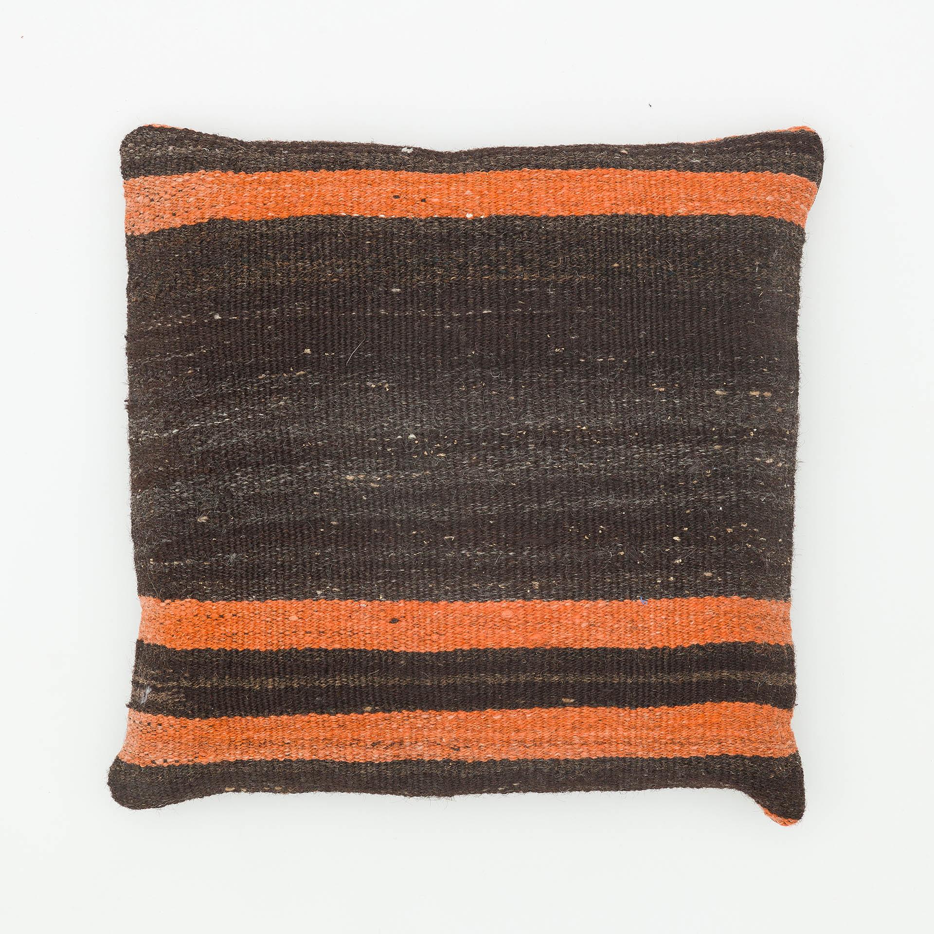 GERÇEK EL DOKUMA SİYAH TURUNCU RENGİ ÇİZGİLİ KEÇİ KİLİ YASTIK KILIFI