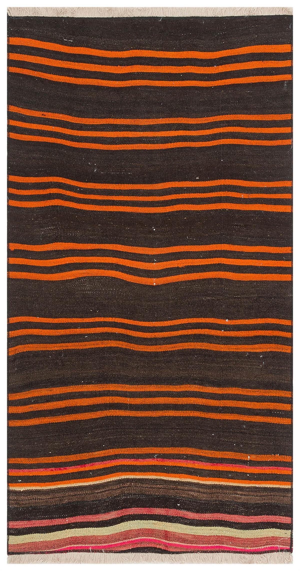 Siyah Turuncu Rengi Çizgili El Dokuma Keçi Kılı Yün Yolluk Kilim