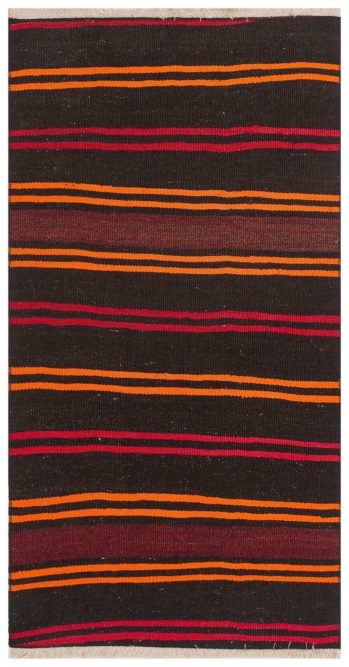 Turuncu Siyah Rengi Çizgili El Dokuma Anadolu Yün Kilim