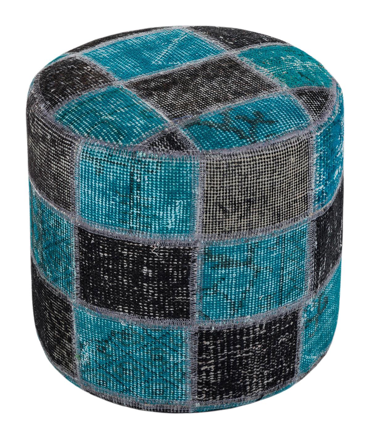 SİYAH TURKUVAZ RENGİ EL DOKUMA PATCHWORK PUF