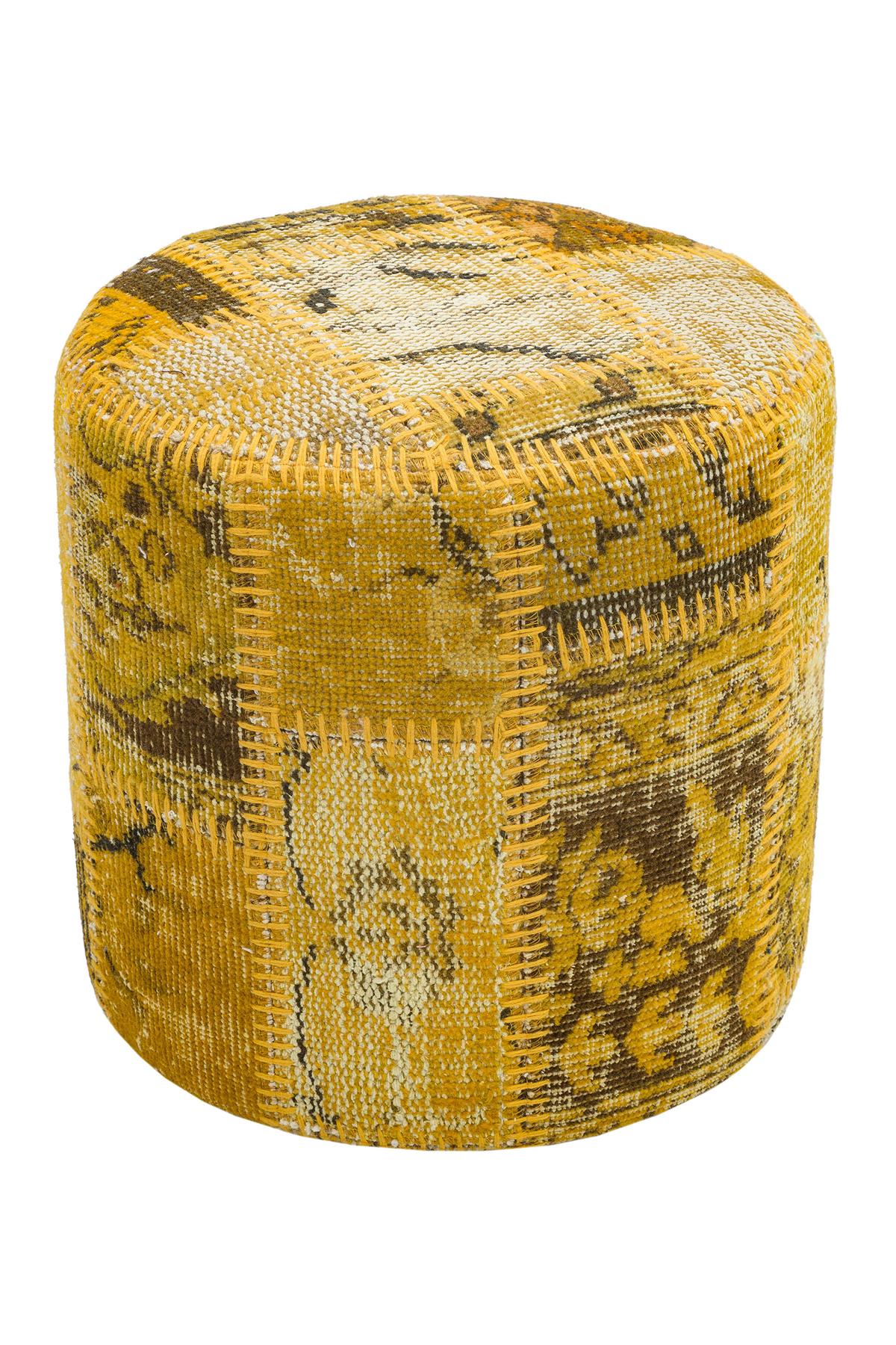 EL DOKUMA SARİ RENGİ ÇİÇEKLİ DESEN YÜNLÜ PUF -40X40