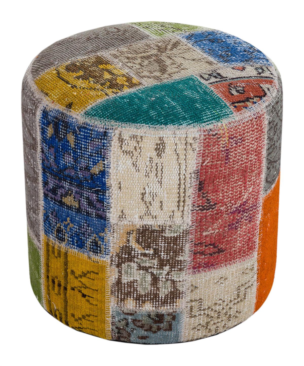 GERÇEK EL DOKUMA MULTİ RENGİ PATCHWORK YUVARLAK PUF
