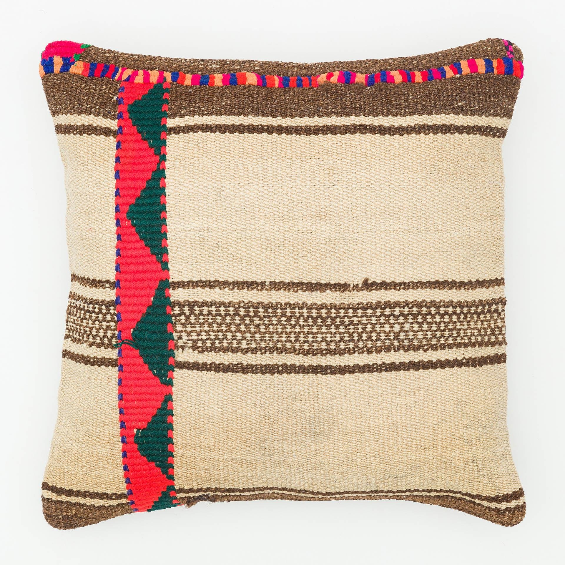 EL DÜĞÜMLÜ BEYAZ  KAHVERENGİ ETNİK KENDİR KİLİM YASTIK KILIFI