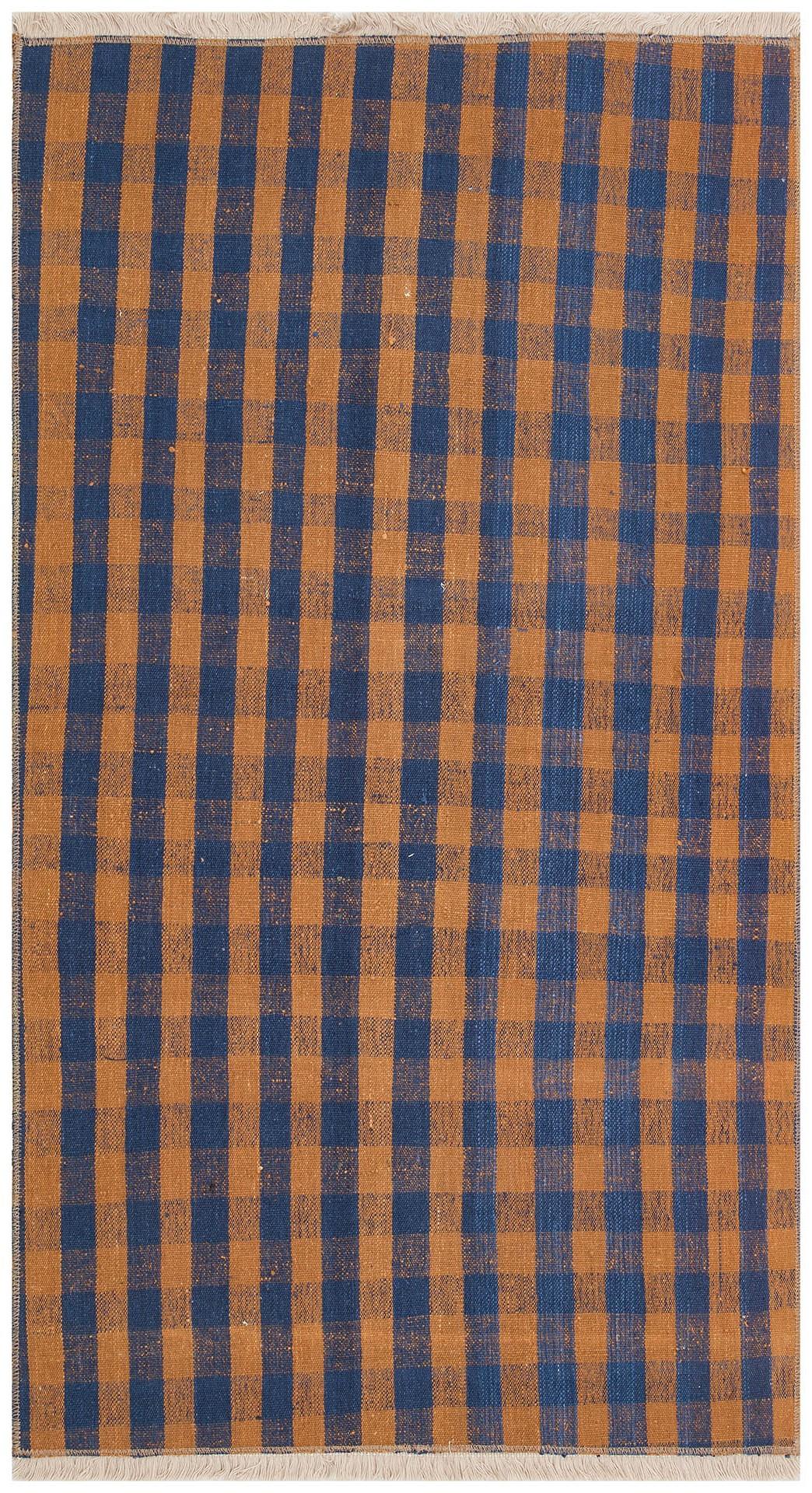 MAVİ BAKİR RENGİ EL DOKUMA ÇİZGİLİ DESEN ETNİK KİLİM