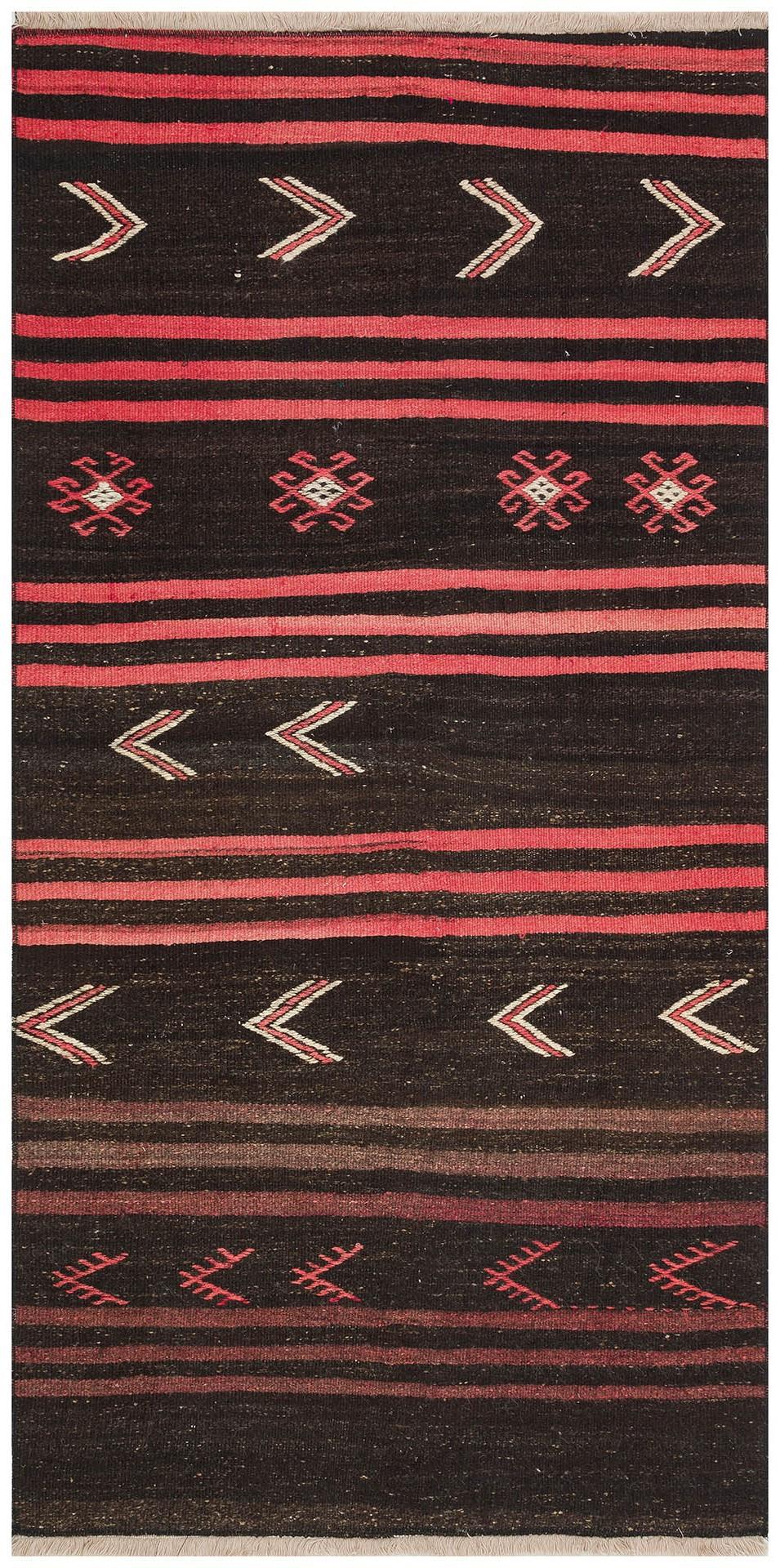 GERÇE EL DOKUMA SİYAH MÜRDÜM RENGİ ÇİZGİLİ DESEN YÜN KİLİM