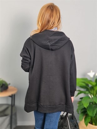 FELİX9331 Fermuarlı Yandan Yırtmaçlı Şardonlu Siyah Sweat Ceket