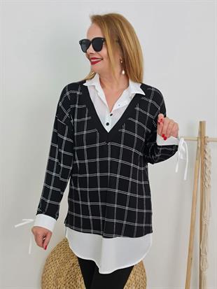 FELİX9988 İçi Gömlek Görünümlü Kareli Siyah Viskon Bluz