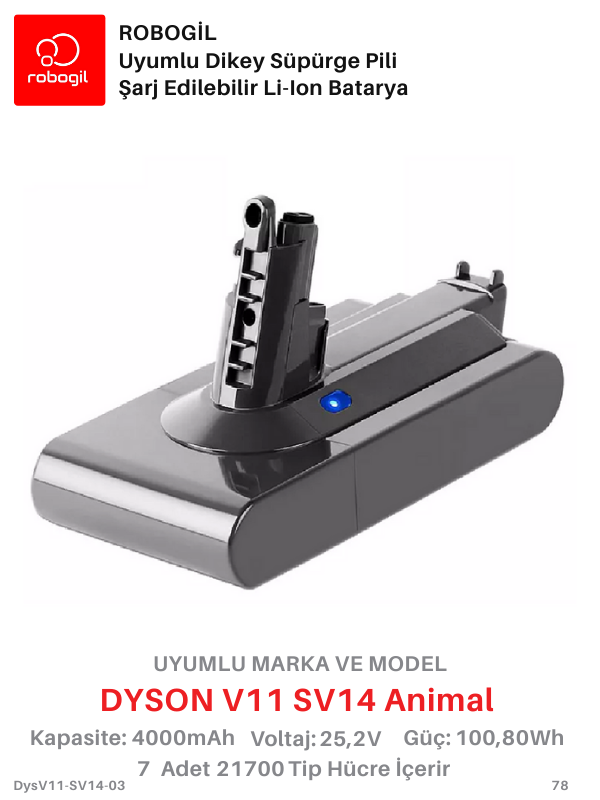 Dyson V11 SV14 Animal 4000mAh Uyumlu Pil Paketi / Bataryası DysV11-SV14-03Sıra: 78