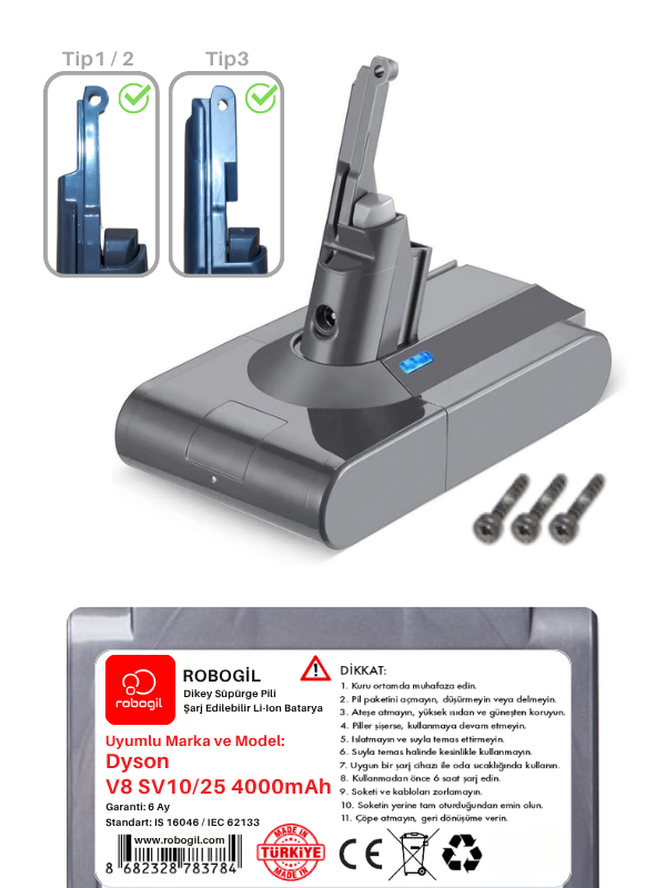 Dyson V8 SV10 Absolute Pro 4000mAh Uyumlu Dikey Süpürge Pili  D4000OK-Dys-031