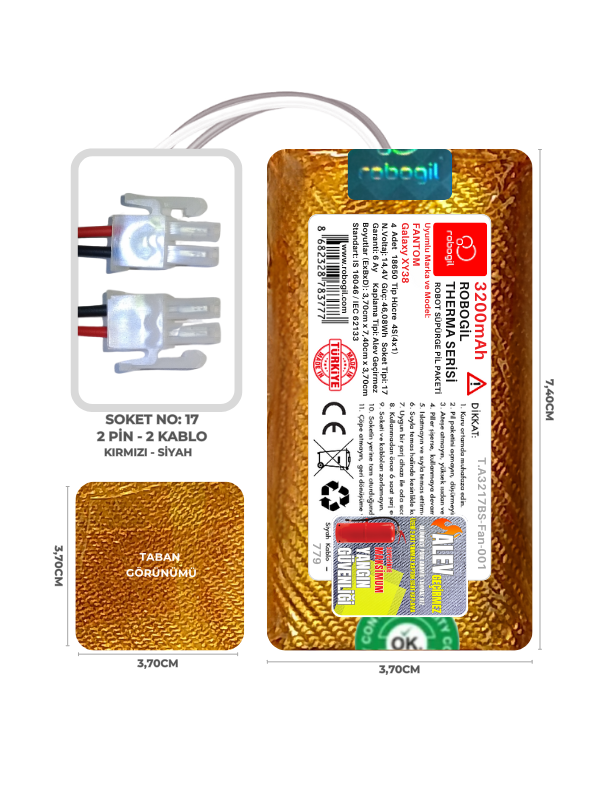 Fantom Galaxy XY38 3200mAh Therma Serisi Alev Geçirmez Kaplamalı Uyumlu Robot Süpürge Bataryası T.A3217BS-Fan-001 Sıra:779