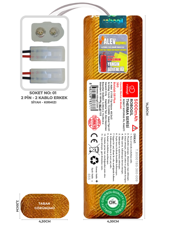 360 Botslab S8 Plus 5000mAh Therma Serisi Alev Geçirmez Kaplamalı Uyumlu Robot Süpürge Bataryası T.B5001BS-360-009 Sıra:655