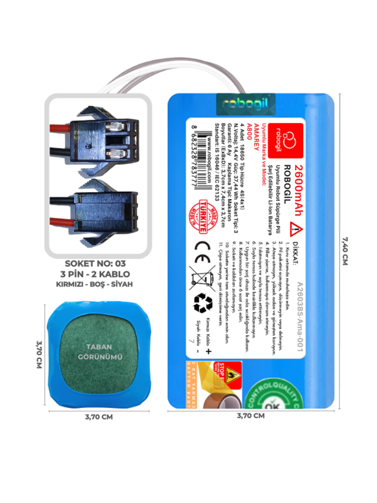 Amarey A800 2600mAh Uyumlu Robot Süpürge Pili A2603BS-Ama-001