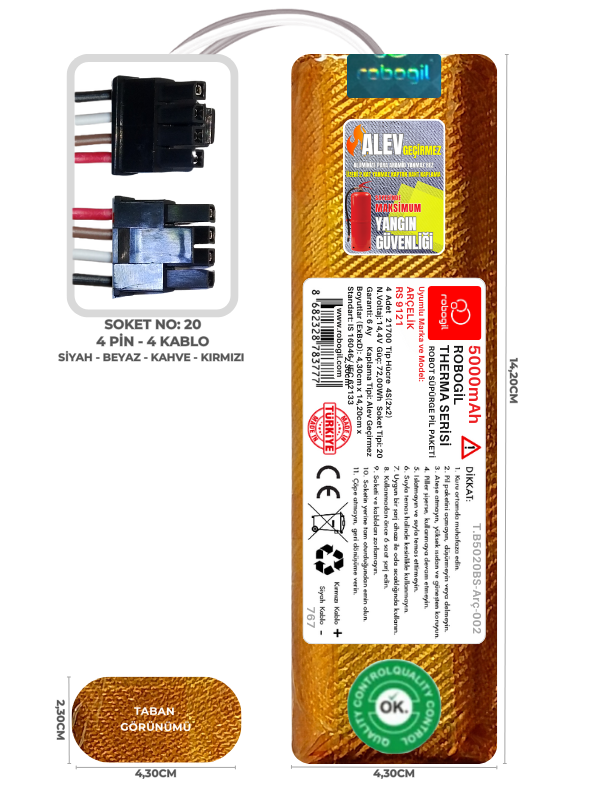 Arçelik RS 9121 5000mAh Therma Serisi Alev Geçirmez Kaplamalı Uyumlu Robot Süpürge Bataryası T.B5020BS-Arç-002 Sıra:767