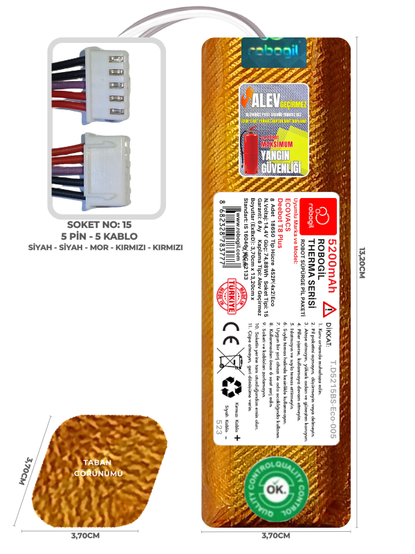 Ecovacs Deebot T8 Plus 5200mAh Therma Serisi Alev Geçirmez Kaplamalı Uyumlu Robot Süpürge Bataryası T.D5215BS-Eco-005 Sıra:523