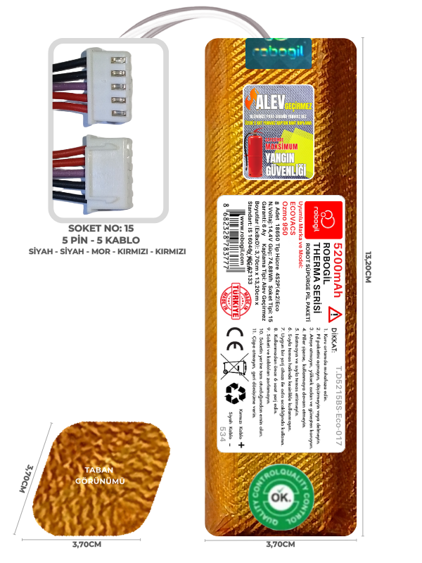 Ecovacs Ozmo 950 5200mAh Therma Serisi Alev Geçirmez Kaplamalı Uyumlu Robot Süpürge Bataryası T.D5215BS-Eco-017 Sıra:534