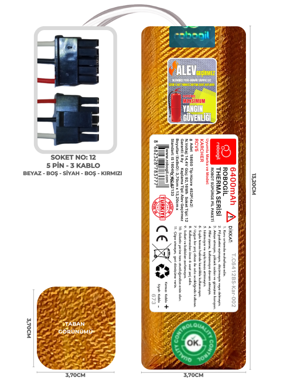 Karcher RCV5 6400mAh Therma Serisi Alev Geçirmez Kaplamalı Uyumlu Robot Süpürge Bataryası T.C6412BS-Kar-002 Sıra:673