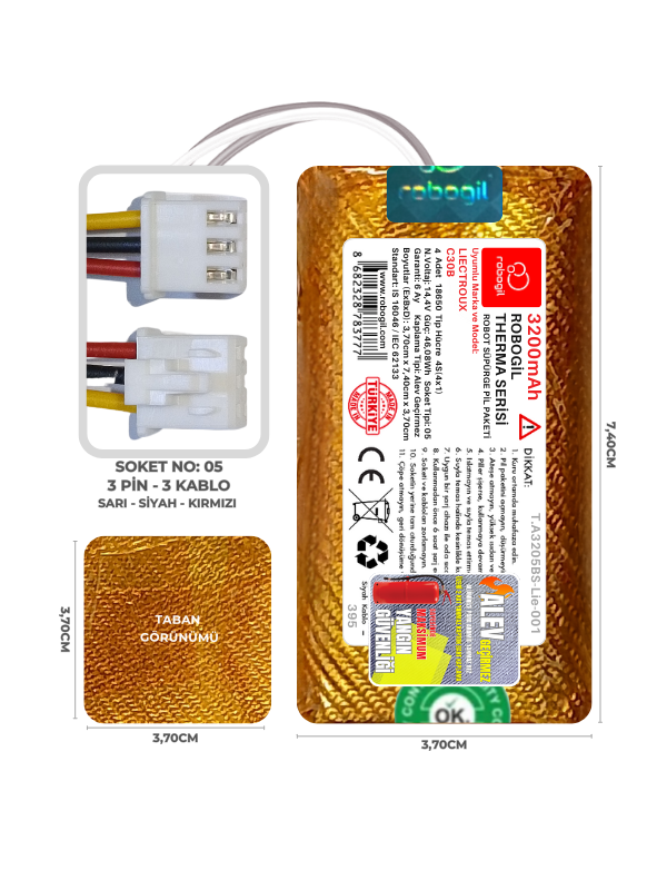 Liectroux C30B 3200mAh Therma Serisi Alev Geçirmez Kaplamalı Uyumlu Robot Süpürge Bataryası T.A3205BS-Lie-001 Sıra:395