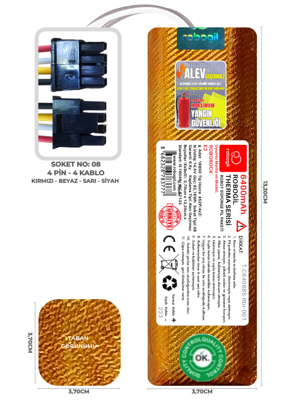 Roborock E2 6400mAh Therma Serisi Alev Geçirmez Kaplamalı Uyumlu Robot Süpürge Bataryası T.C6408BS-Rbr-001 Sıra:223
