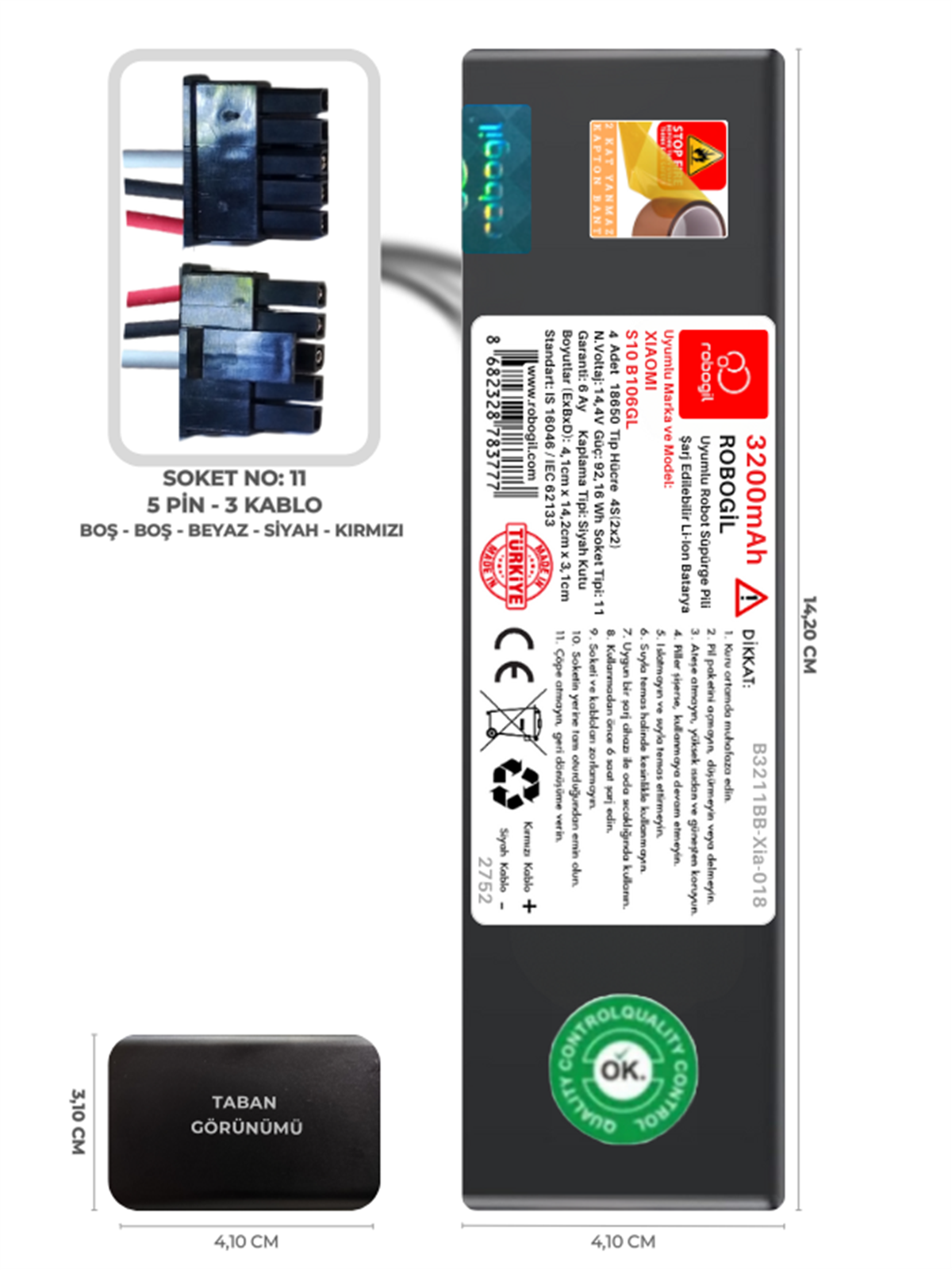 Xiaomi S10 B106GL 3200mAh Uyumlu Robot Süpürge Pili B3211BB-Xia-018