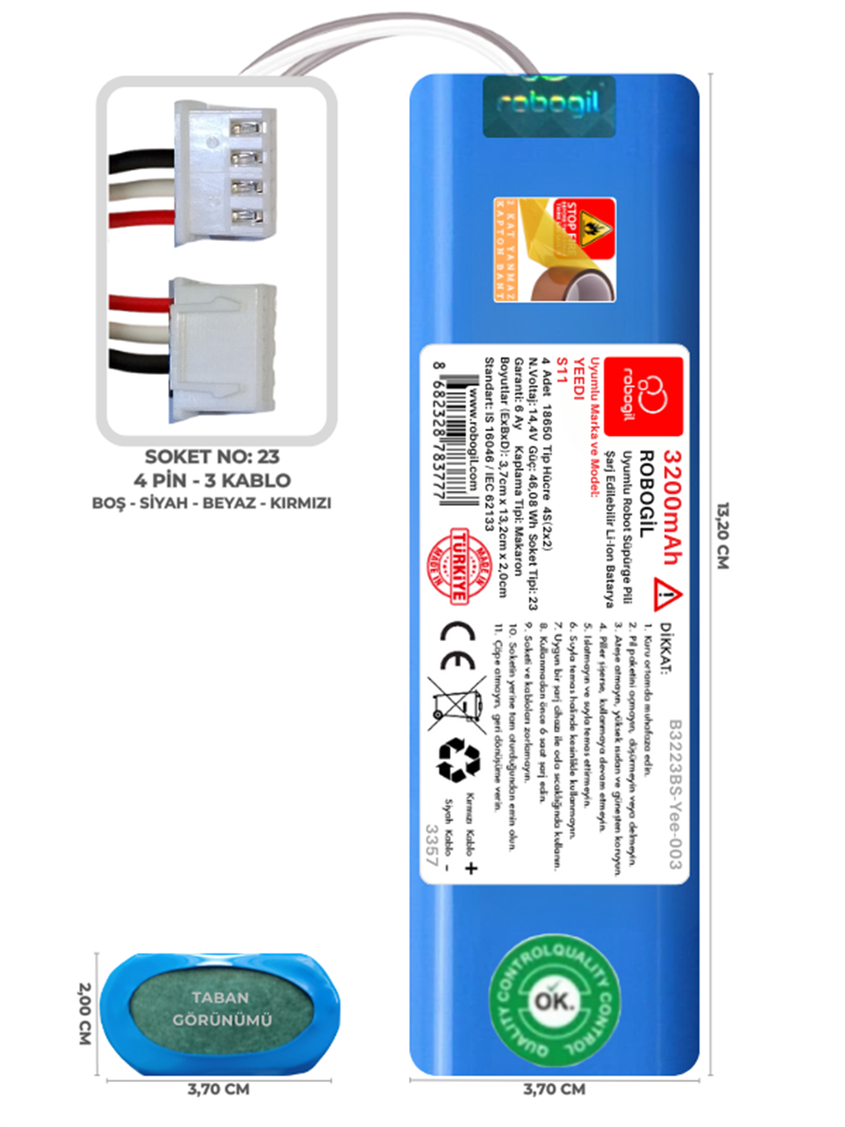 Yeedi S11 3200mAh Uyumlu Robot Süpürge Pili B3223BS-Yee-003
