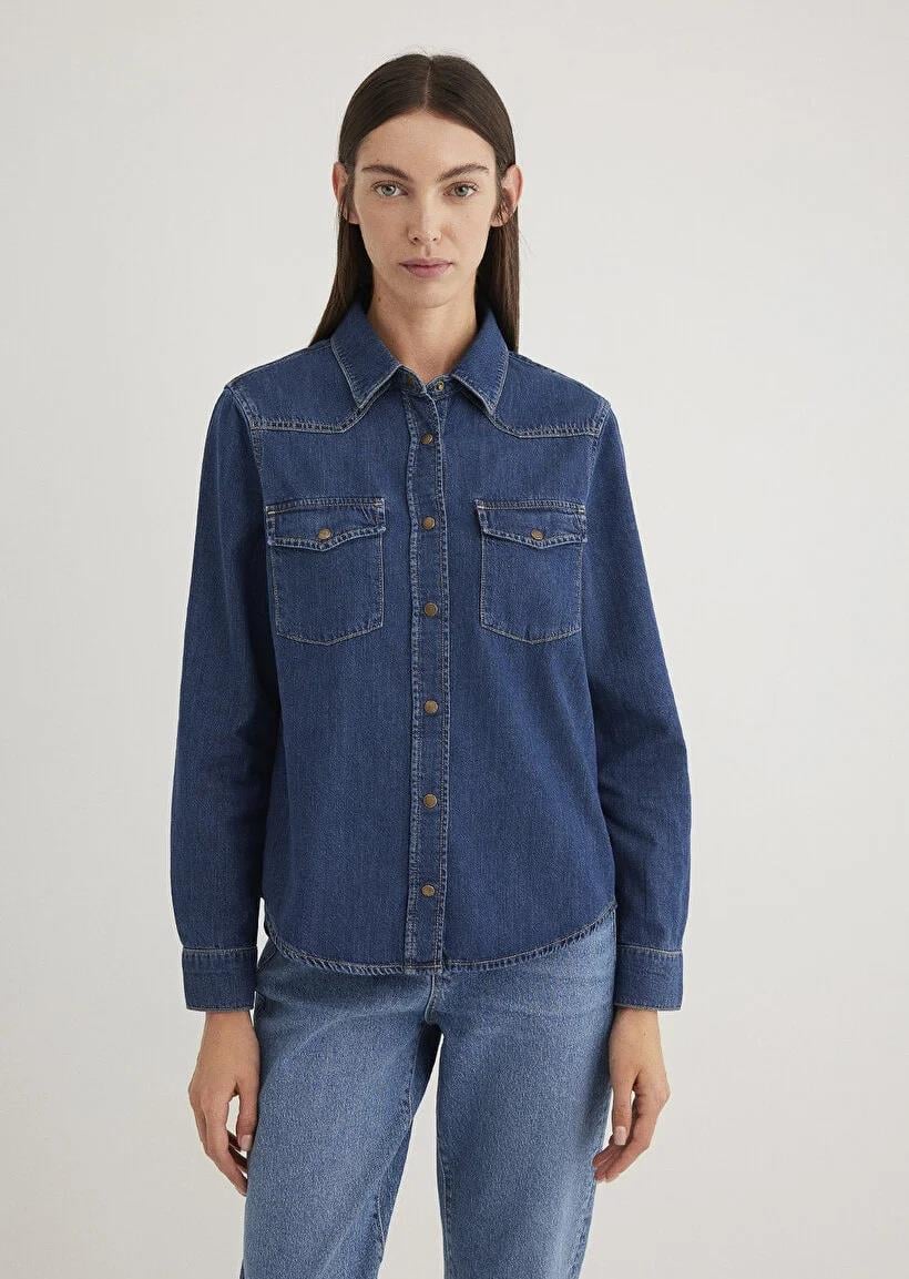 Mavi Angela Dark Blue Classic Kadın Jean Gömlek 1210819-89252
