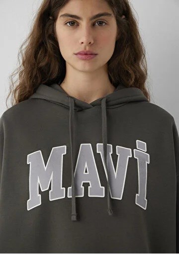 Mavi Logo Baskılı Kapüşonlu Haki Sweatshirt