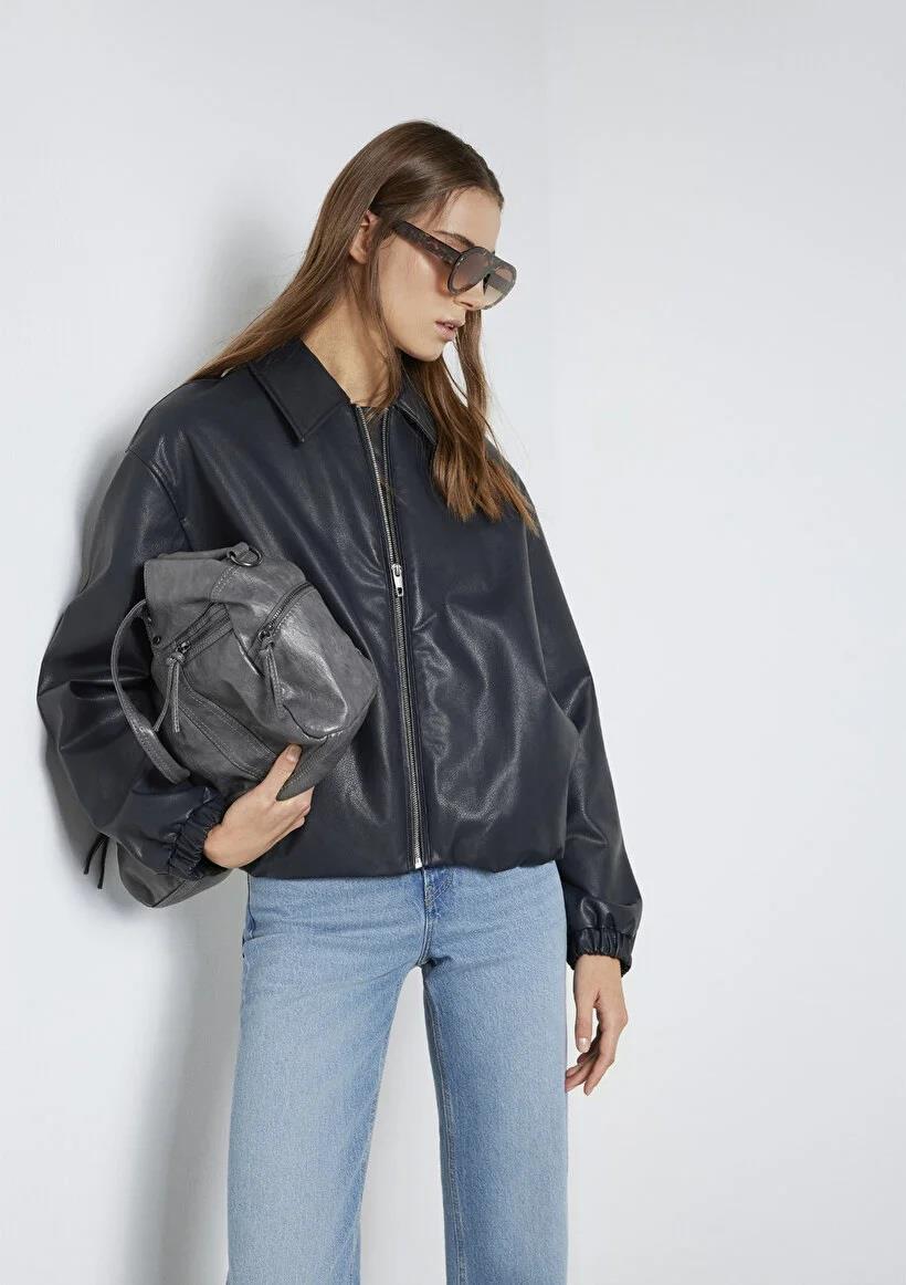 Mavi Oversize Kadın Suni Deri  Ceket-111614-90372