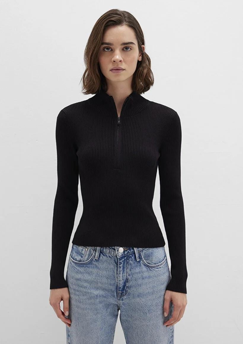 Mavi Yarım Fermuarlı Siyah Kadın Kazak 1710519-900