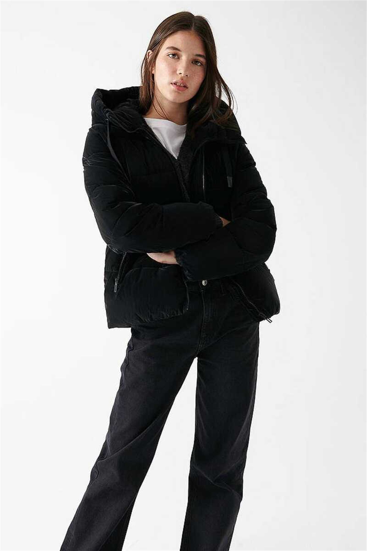 Mavi Kapüşonlu Siyah Kadın  Ceket  1110043-900