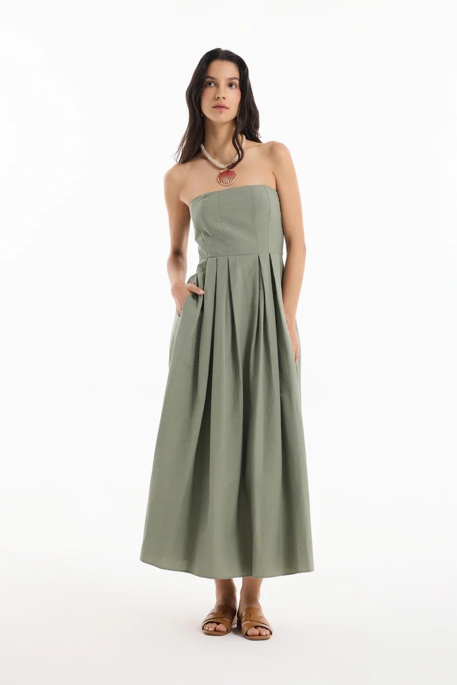 Quzu Straplez Midi Boy Elbise 24Y31967