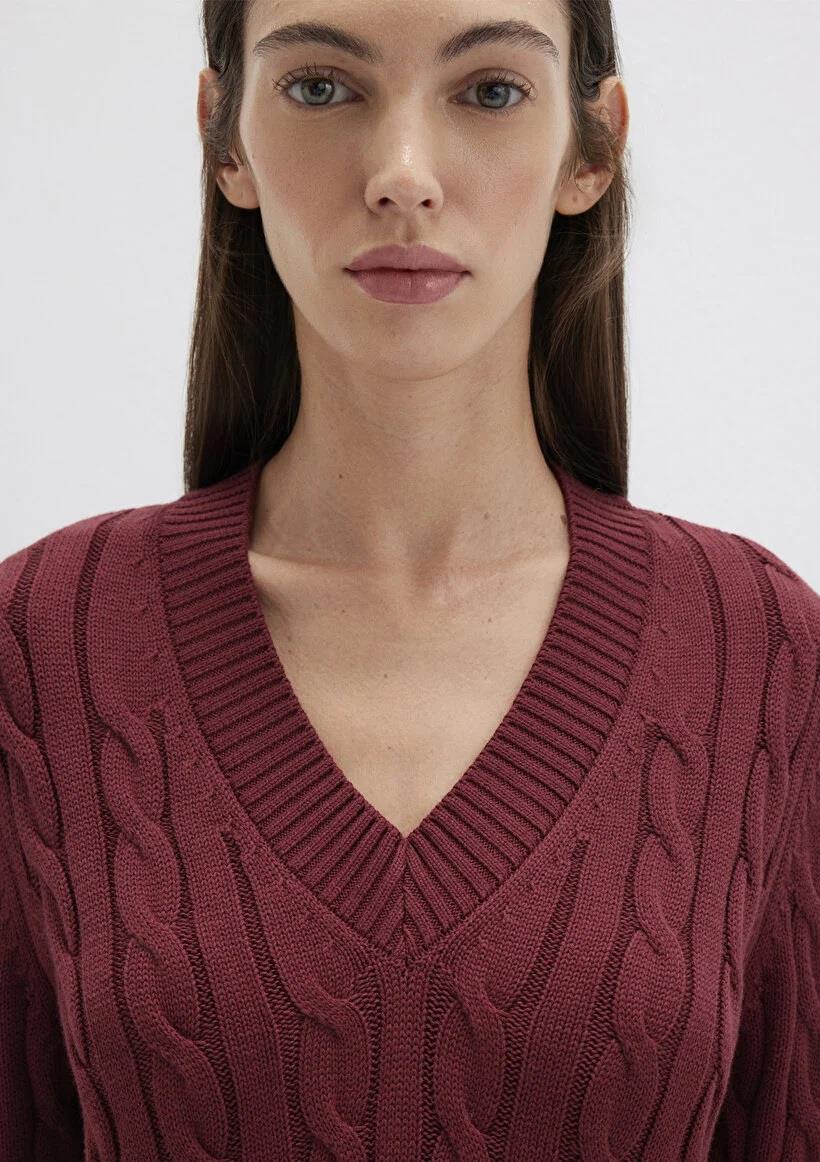 Mavi V Yaka Koyu Bordo Kadın Kazak 1710720-85493