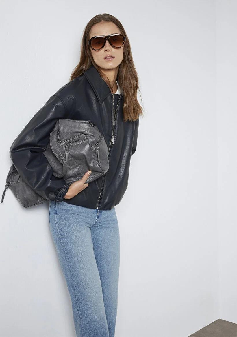 Mavi Oversize Kadın Suni Deri  Ceket-111614-90372